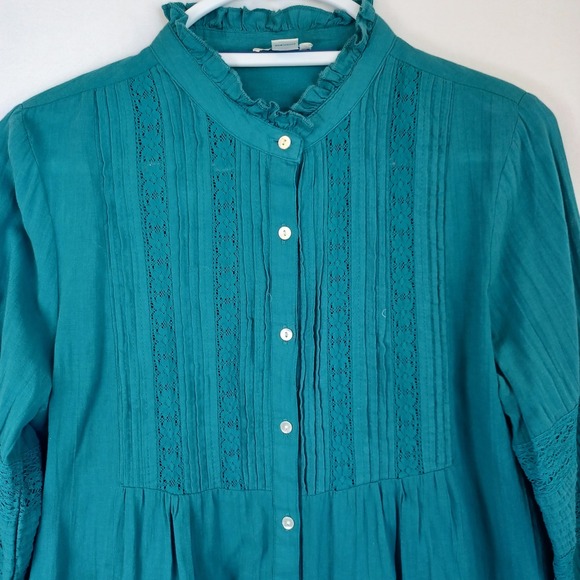Sundance Teal Blue Cotton Pintuck Lace Ruffle Neck Blouse Small - Picture 6 of 10